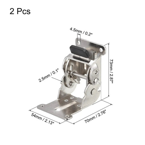 Heavy Duty Table Leg Folding Brackets 2 Pack Adjustable 0 90 180 Degree Self Locking Hinges Built Like A Tank Kick Butt Stability For Workshops And Home Shops Premium Silver Finish with measurements.