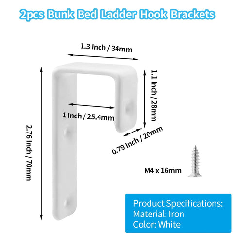 Heavy Duty Bunk Bed Ladder J Hooks, Rock Solid White Iron Brackets for secure mounting, 2.76 x 1.3 x 1.1 inches.