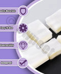 Clear PVC Heat Shrink Bottle Bands Kit With 1250 Pcs DIY Friendly Five Sizes displayed with features: quality, ease, and damp proof.