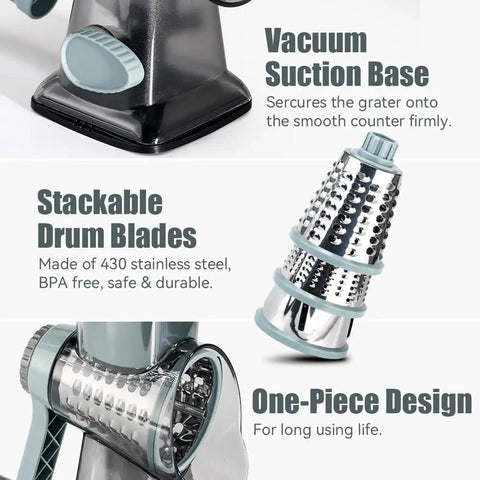 Rotary Cheese Grater Hand Crank No-Fuss Transparent Shredder with suction base and stackable stainless steel drum blades