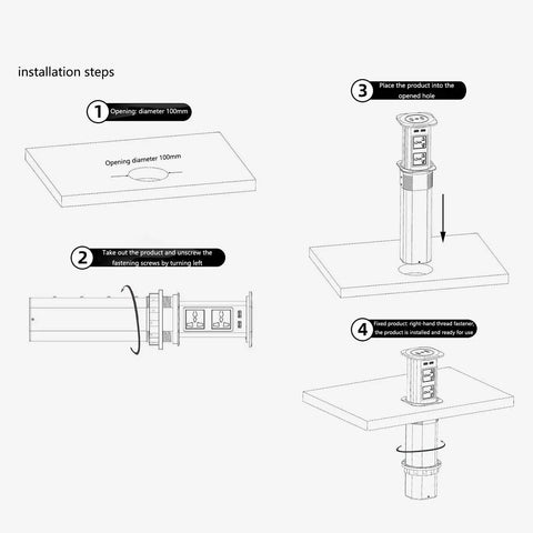 Installation steps for Solid Build Automatic Pop Up Power Strip With Quick Wireless Charging Pad Waterproof Hidden Under Desk Surge Protector.