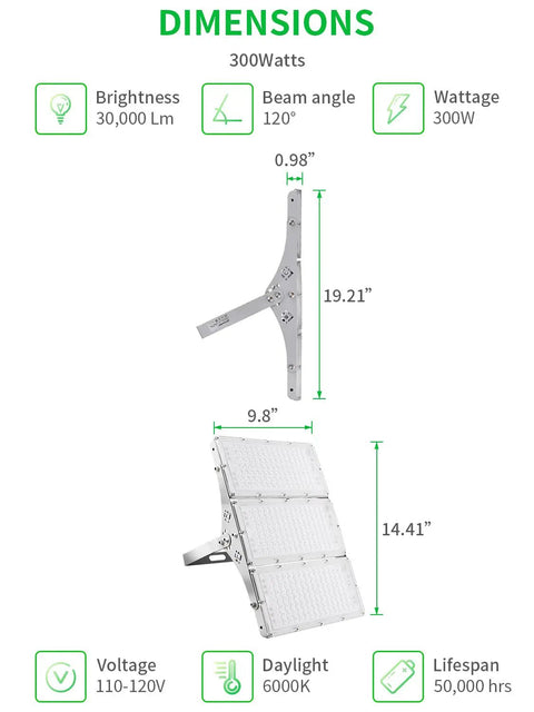 Dimensions of Beastly Bright 300W LED Flood Light 24000LM 6000K Daylight White with beam angle, voltage, and lifespan