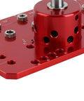 Top Tier 2 In 1 Shelf Pin And Cabinet Hinge Jig Kit Crafted From Solid Aluminum With Four Hardened Steel Drill Bits close-up of red drill guide.
