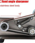 Stainless Steel Electric Belt Sander Grinder Machine With Adjustable Work Table Shockproof Feet For Abrasive Polishing Knife Making DIY Projects Versatile Desktop Polishing Tool showing 15° fixed angle sharpe. 304 stainless steel body.