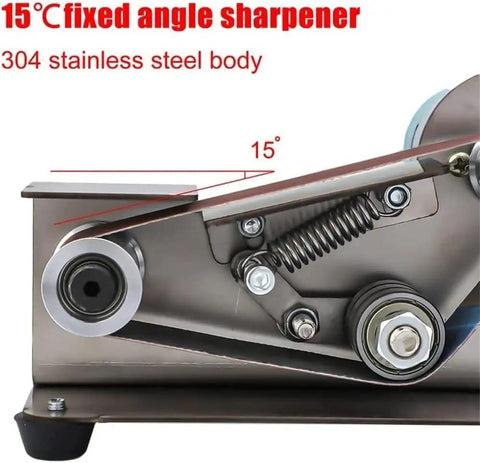 Stainless Steel Electric Belt Sander Grinder Machine With Adjustable Work Table Shockproof Feet For Abrasive Polishing Knife Making DIY Projects Versatile Desktop Polishing Tool showing 15° fixed angle sharpe. 304 stainless steel body.