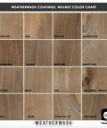 Color chart showcasing various wood finishes including walnut for No Brainer Walnut Aging Wood Stain In 5 Gallon Pails.