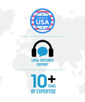 Infographic showing map with "Based in USA" badge, local customer support icon, and "10+ years of expertise" text.
