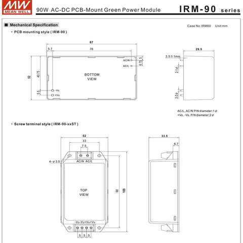 Technical diagram of 90W AC-DC PCB Mount Power Module With Adjustable 48V Output, 1.88A Screw Terminal, IRM-90-48ST