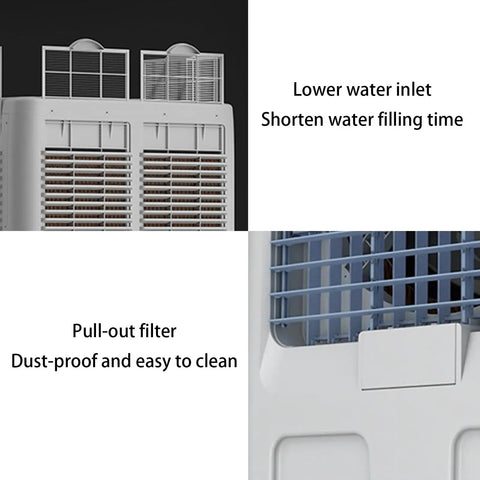Close-up of Portable Evaporative Air Cooler With Three Speed Settings and Ultra Quiet Motor, showing lower water inlet and pull-out filter.
