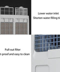 Detailed view of Whisper Quiet Portable Evaporative Air Cooler featuring lower water inlet and pull-out filter for easy maintenance.