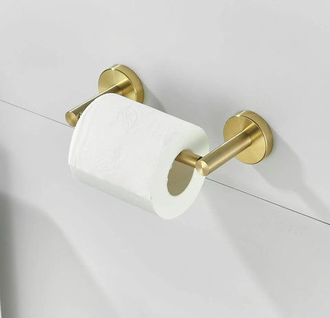 Gold Brushed Toilet Paper Holder And Towel Ring Set For Bathroom Wall Mount Double Post SUS304 Stainless Steel 2 Piece Versatile Horizontal Or Vertical Install Slick Premium Bath Hardware shown.