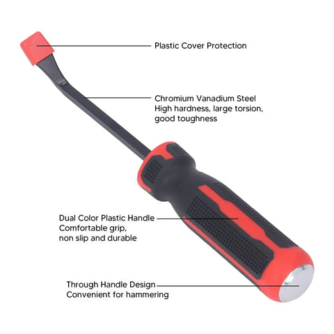 Heavy Duty 8 Inch Pry Bar Set Featuring Curved Hook Head And Integrated Strike Hammer End With Chunky Plastic Grip For Demanding Auto Repair And Knuckle Busting Mechanical Tasks That Get Leverage Worked Easy