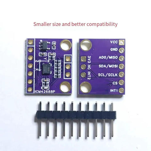 Six Axis ICM-42688 IMU Module With Low Temperature Drift And Offset, High-Precision Attitude Sensor, I2C Or SPI Interface, 3.3V/5V Compatible, Ideal For Drones, Robots, VR And Motion Projects. Purple PCB IMU module with header pins
