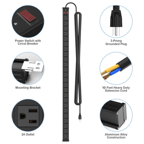 Massive 24 Outlet Metal Power Strip With 10-Foot Heavy Duty Cord Mountable For Warehouse Garage Workshop ETL Listed Black 15 Amp 1875 Watt