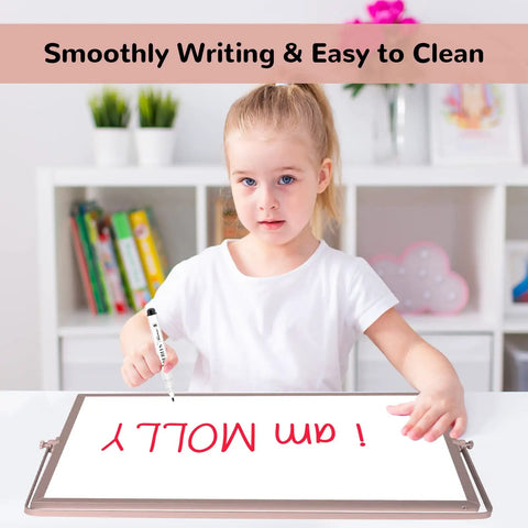 Young girl using Rose Gold Magnetic Desktop Dry Erase Whiteboard Double Sided With Stand 16 By 12 Inches Portable Whiteboard Easel Sidekick