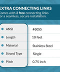 Stainless Steel Roller Chain No 60 specifications chart with ANSI #60SS, 10 feet length, stainless steel material, single strand, 0.75 inch pitch