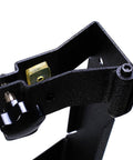 Close-up of a metal rear high lift jack mount carrier for 2007-2017 Jeep Wrangler JK showing bolt-on design and hinge attachment.