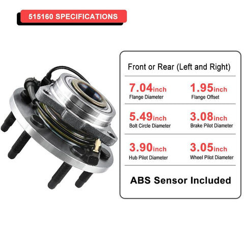 Front Wheel Bearing And Hub Assembly 4x4 With ABS For Chevy Silverado 1500 Suburban Tahoe GMC Sierra 1500 Yukon XL Cadillac Escalade XTS 4WD 6 Lug Replacement Kit 2 Pack showing specifications