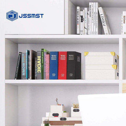 Bookshelf with navy Hidden Book Safe With Key Lock And Dictionary Diversion Fake Book Safe For Cash And Valuables, Metal Safe Box