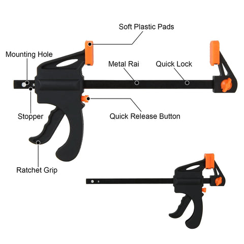 Detailed view of Dual Size Bar Clamps Set 4 Inch And 8 Inch Quick Grip Trigger Clamps One Handed Ratchet Clamp for woodworking projects