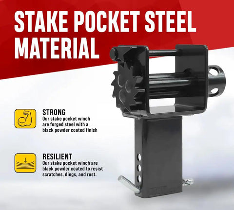 2 Pack Trailer Stake Pocket Winches For Flatbed Utility Heavy Duty With 16,200 Lbs Capacity And 5,400 Lbs Working Load Fits Flush And Outside Stake Pockets Black Powder Coat shown in steel
