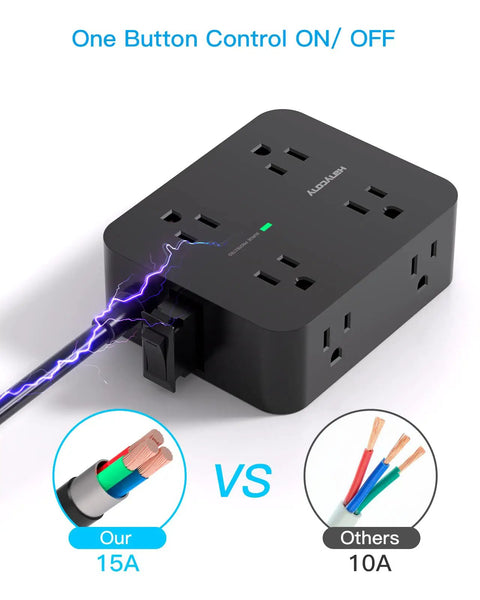 8 Outlet Power Strip With 4 USB Ports 5 Ft Flat Plug Wall Mount ETI Listed Black with on/off button and comparison graphic
