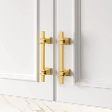 Badass Gold Cabinet Handles With Brushed Brass Finish 4 Inch Center To Center Kitchen Drawer Pulls on white cabinets
