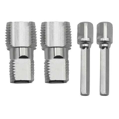 Heavy Duty Pvc Pipe Threader Set With 1/2 And 3/4 Inch Dies For Smooth Plumbing Repairs includes two dies and two drill adapter bits.