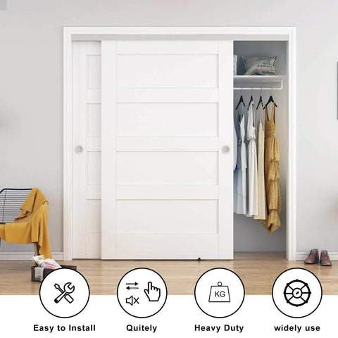 Two Door Heavy Duty Aluminum Sliding Closet Door Hardware Kit With Finger Pulls, Supports Up To One Hundred Fifty Pounds Per Panel