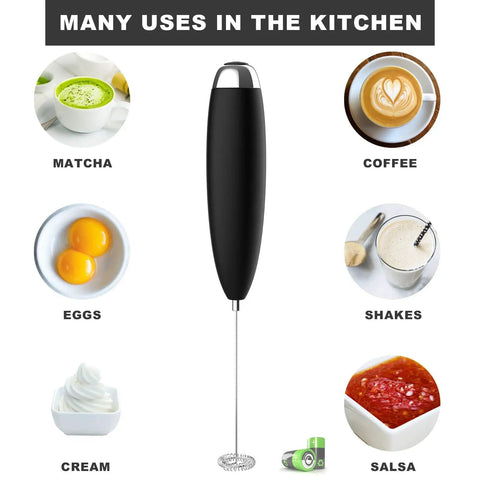 Handheld Electric Milk Frother Wand for Coffee at Home with various uses including eggs, cream, salsa, shakes, and matcha.