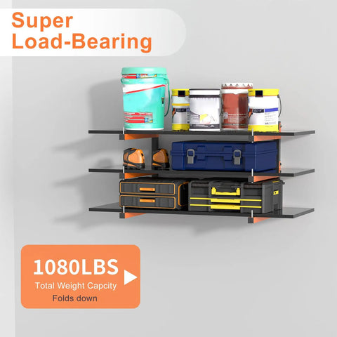 Heavy Duty Wall Mount Lumber Rack With Nine Level System Holds 1080 Lb For Garage Wood Storage Six Pack orange metal organizer with tools.