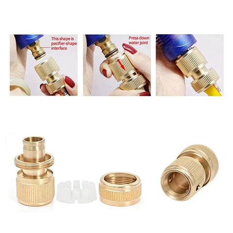 Ultimate 10 Pack Brass Garden Hose Quick Connectors For Super Drip Irrigation Systems With Heavy Duty Leak Proof Repair Kit For Yard Hoses brass quick-connect hose fittings shown with threaded ends
