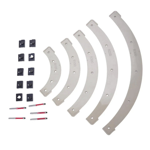Boss Level Router Radius Template Set With Removable Jig For Flawless Edge Rounding R100 R150 R200 R250 R300 showing 5 plastic templates and guides.