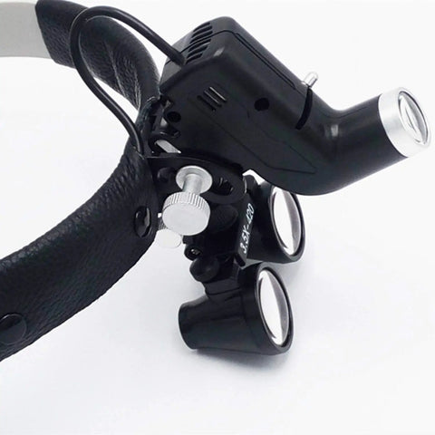 Side view of All Purpose 5W Rechargeable Headband LED Headlight With 3.5X Binocular Loupe, leather strap, DY-106 model