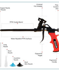 Pro Spray Foam Gun With PTFE Coated Chamber And Adjustable Flow Dial For Slick Use Ergonomic Grip Plus Eight Inch Extended Barrel Universal Screw Adapter Gonna Get Your Insulation Work Done Quick With Zero Clogs Daily showing ergonomic handle, adjustable flow dial, and multiple nozzles.