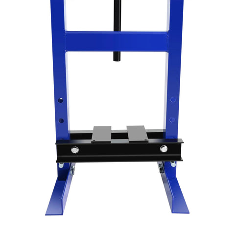 Badass Professional Grade Heavy Duty 6 Ton Hydraulic Shop Press With Real Time Precision Pressure Gauge And Adjustable Work Table For Metalworking Bending Straightening Punching And Stamping Jobs Blue Finish close-up of blue steel frame and black adjustable work table