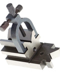Pro-Grade 3-1/2 X 1-7/8 V Block With Clamp, Hardened Steel Multi-Use Gauge For Drilling, Milling, And Grinding, Machinist Tool Set For Precise Angle, Flat, And Reference Measurements. 40Cr steel V block with clamp, angled view