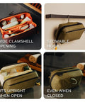 Ocean Wash Pouch Travel Toiletry Bag Weatherproof Organizer shows wide clam opening, stowable hook, upright standing, closed view.