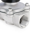 Heavy Duty 1 Inch Stainless Steel Electric Solenoid Valve 110VAC Normally Closed showing threaded connector and stainless body.