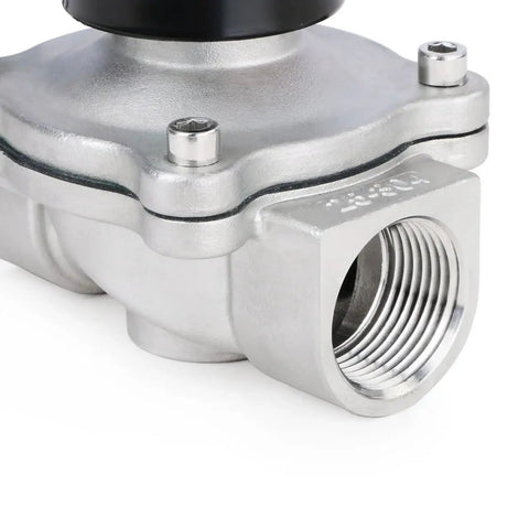 Heavy Duty 1 Inch Stainless Steel Electric Solenoid Valve 110VAC Normally Closed showing threaded connector and stainless body.