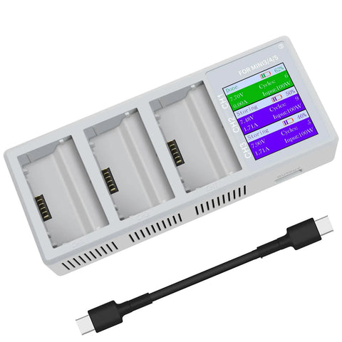 Powerful 100W Battery Charging Station With Color Screen For Mini5 4 3 Pro Drones, cable, compact white unit, triple bay