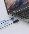 Laptop with 5ft USB and USB-C cables connected. Desktop PC Speakers For Computer, Monitor Soundbar With Easy Volume Knob And Sturdy Clamp.