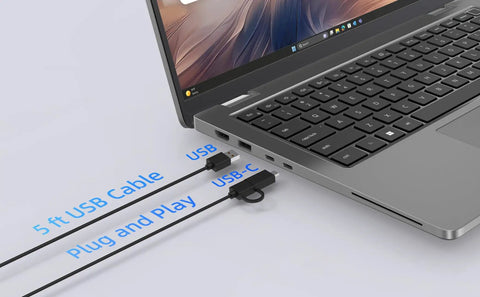 Laptop with 5ft USB and USB-C cables connected. Desktop PC Speakers For Computer, Monitor Soundbar With Easy Volume Knob And Sturdy Clamp.