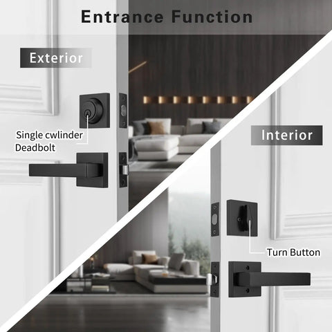 Matt Black Front Door Lockset With Keyed Deadbolt And Passage Lever Heavy Duty Zinc Door Levers Square Rosette Lengthened Handle Design