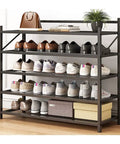 Heavy Duty 5 Tier Shoe Rack For Entryway And Closet, featuring black carbon steel frame, organized with various shoes and a handbag.