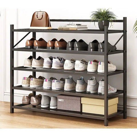 Heavy Duty 5 Tier Shoe Rack For Entryway And Closet, featuring black carbon steel frame, organized with various shoes and a handbag.