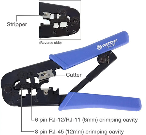 Pro Grade RJ Cable Crimping Tool For 8P And 6P Modular Plugs With Built In Cutter And Stripper, heavy duty steel