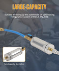 AC Dye And Oil Injector Kit For R134A Cars, 2oz Capacity Aluminum Alloy Body With Snap Quick Coupler displayed in user's hand.
