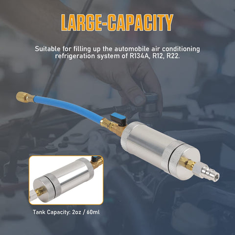 AC Dye And Oil Injector Kit For R134A Cars, 2oz Capacity Aluminum Alloy Body With Snap Quick Coupler displayed in user's hand.