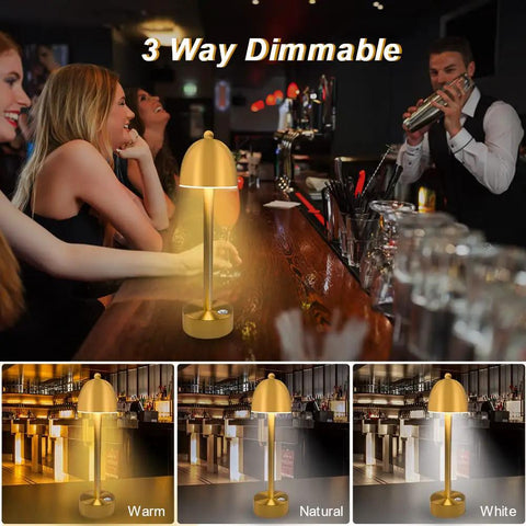 Gold Mushroom Battery Powered Cordless Table Lamp With 3 Way Dimmable Touch Sensor in bar setting, showcasing dimming modes.